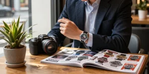 Admiring replica watches in a stylish cafe, showcasing detailed craftsmanship and luxury.