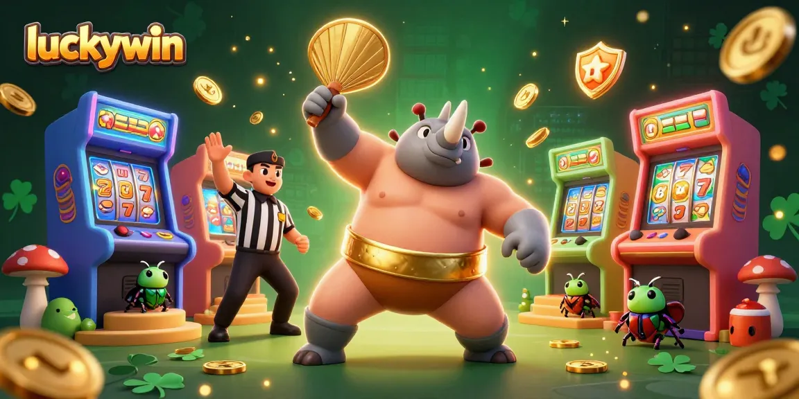 Spin the reels at luckywin as a powerful beetle champion stomps coins, surrounded by vibrant game elements!