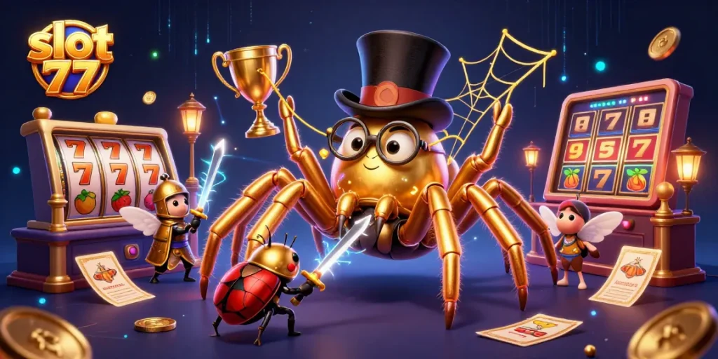 Join the excitement of slot 77 with a colorful 3D casino illustration featuring a golden spider and brave beetle knight.