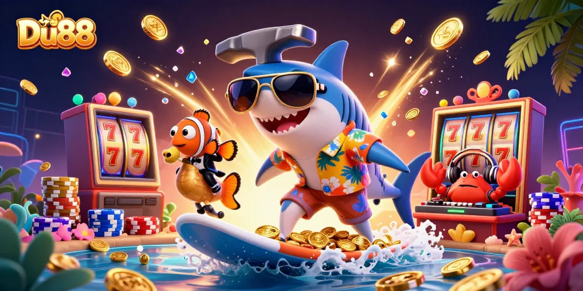 Surfing shark and seahorse celebrate Du88 with vibrant casino elements and golden coins in a lively scene.