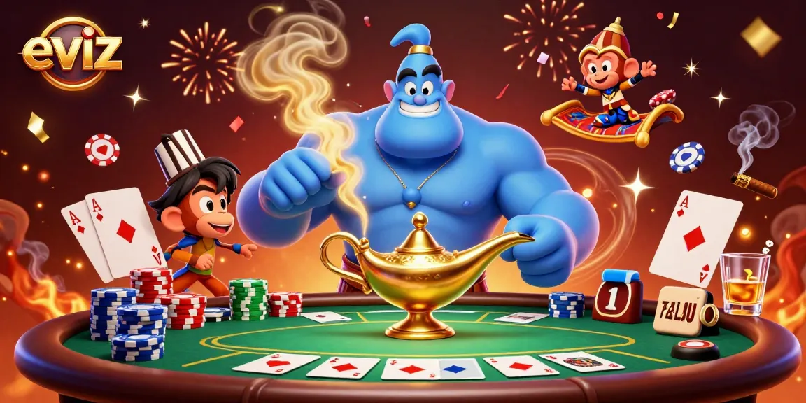 Experience thrilling gambling action at eviz with vibrant 3D casino illustration featuring a genie, poker chips, and cards.