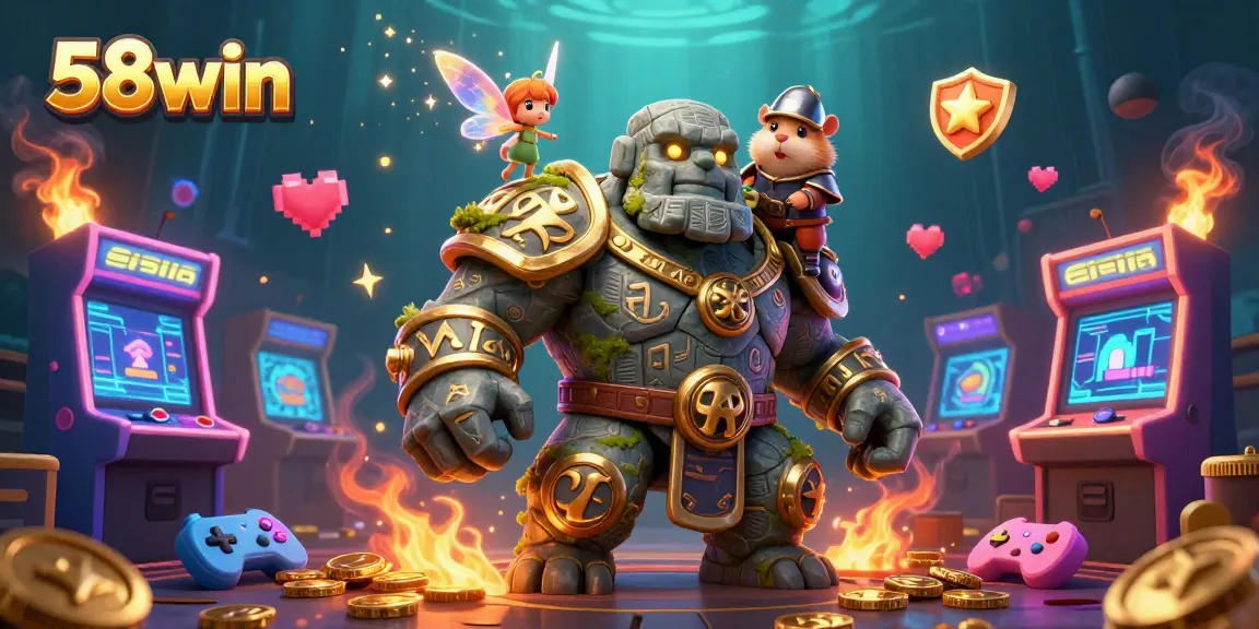 Experience thrilling wins with 58win's casino games, showcasing a magical golem guardian.