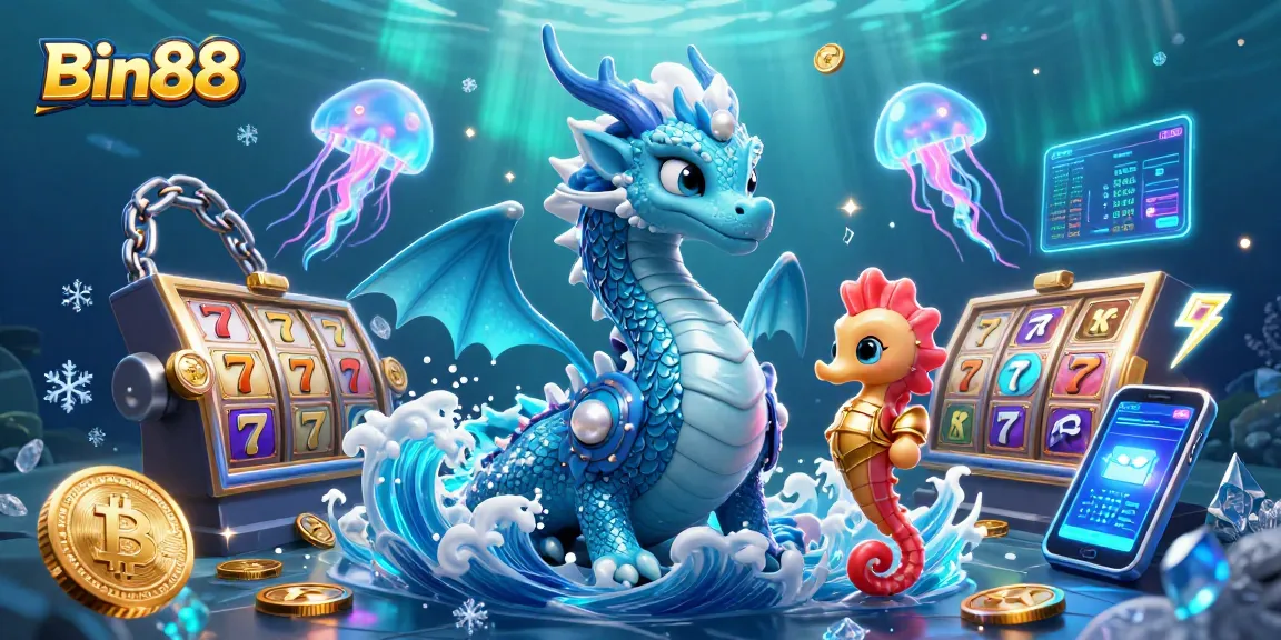 Engage with Bin88's vibrant casino world featuring a dragon and seahorse amidst slots and crypto