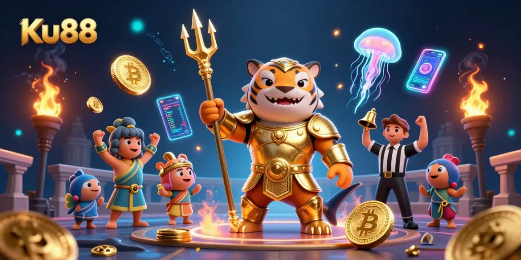 Engage in thrilling crypto gameplay with Ku88's immersive underwater casino scene.