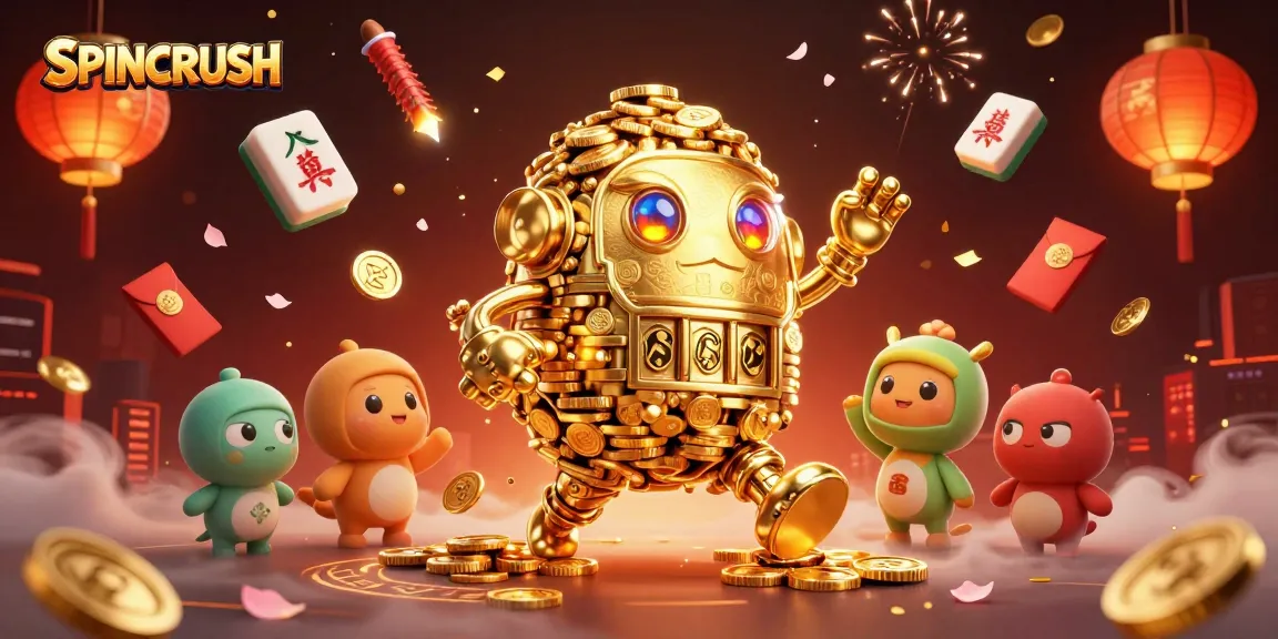 SPINCRUSH players engage in exhilarating games with a golden golem and festive symbols.