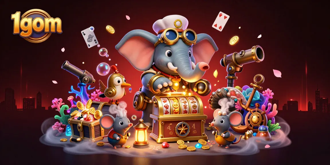 Experience the thrill of 1gom with a steampunk elephant operating a slot machine in a vivid casino scene.