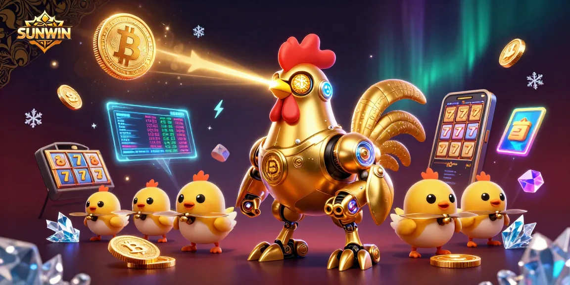 SUNWIN showcases engaging slot games with a futuristic golden rooster robot and dynamic baby chick drones.