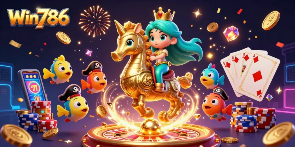 Win786 showcases an exciting 3D scene with a mermaid, seahorse, and vibrant casino elements.