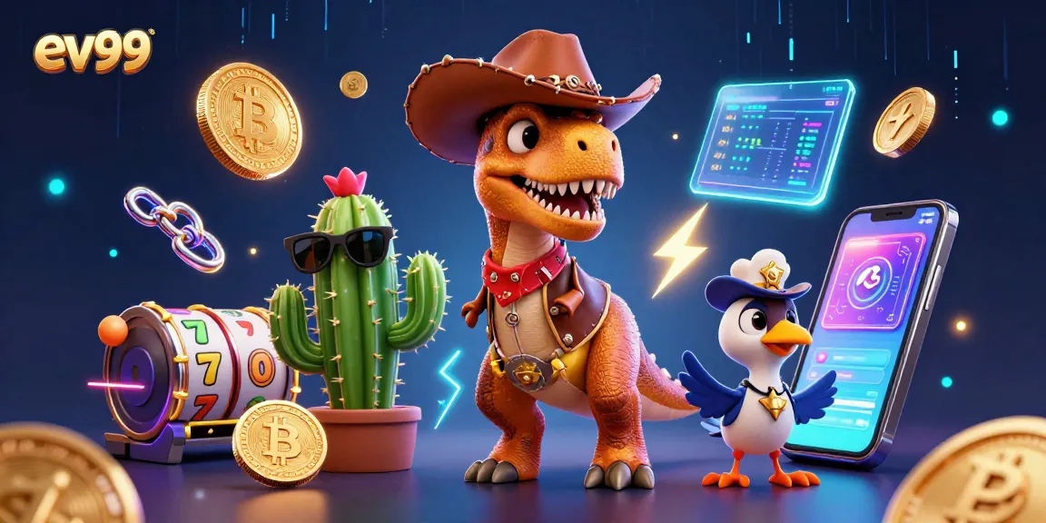 Ev99 offers thrilling casino action with cartoon T-Rex, cactus, and roadrunner in an energetic scene.