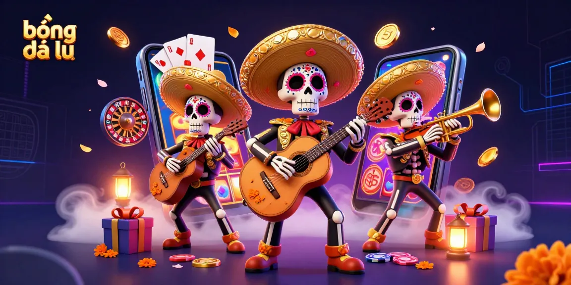 Bóng đá lu showcases a vibrant scene with colorful skeleton mariachi band amidst slot game elements, creating an exciting atmosphere.