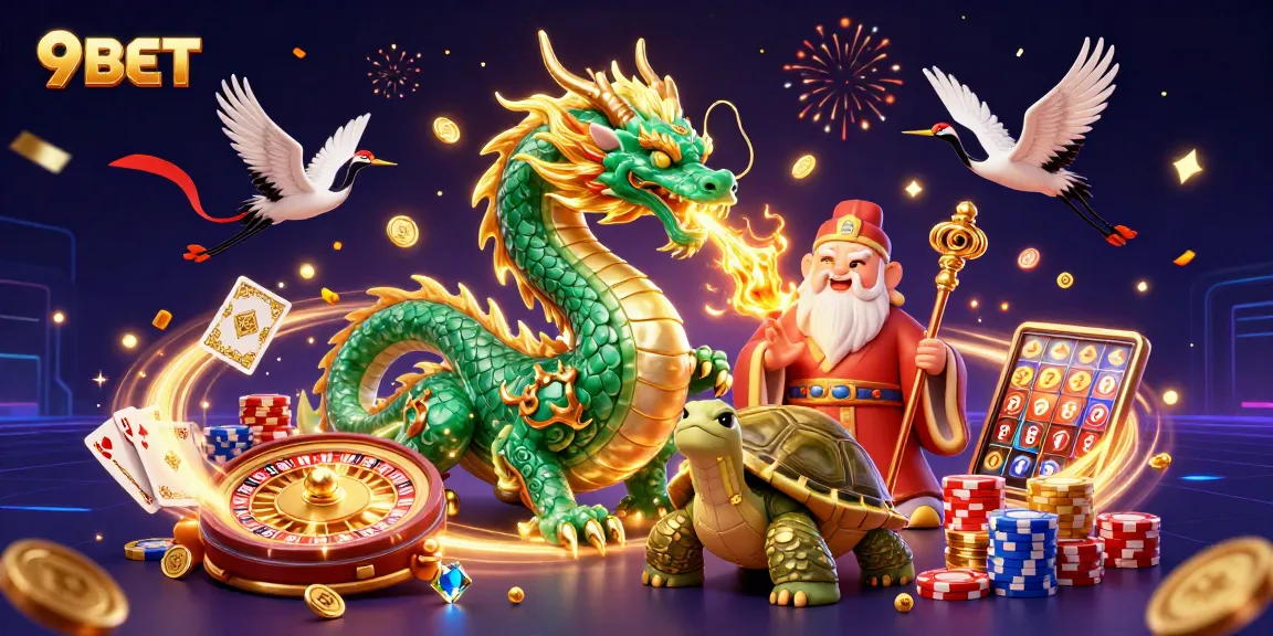 Win big with 9BET in this vibrant 3D casino scene featuring dragons and lucky symbols.