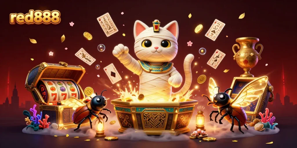 Engage with red888's thrilling gaming experience featuring a mummy cat and vibrant casino elements.