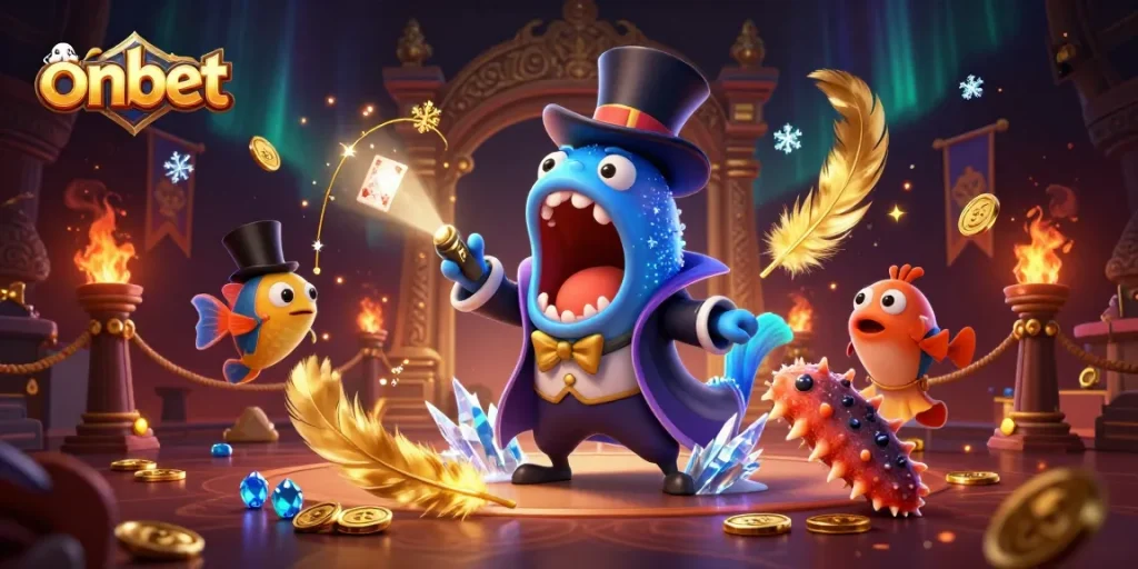 Engage with onbet's thrilling games in a vibrant underwater casino illustration featuring lively characters.