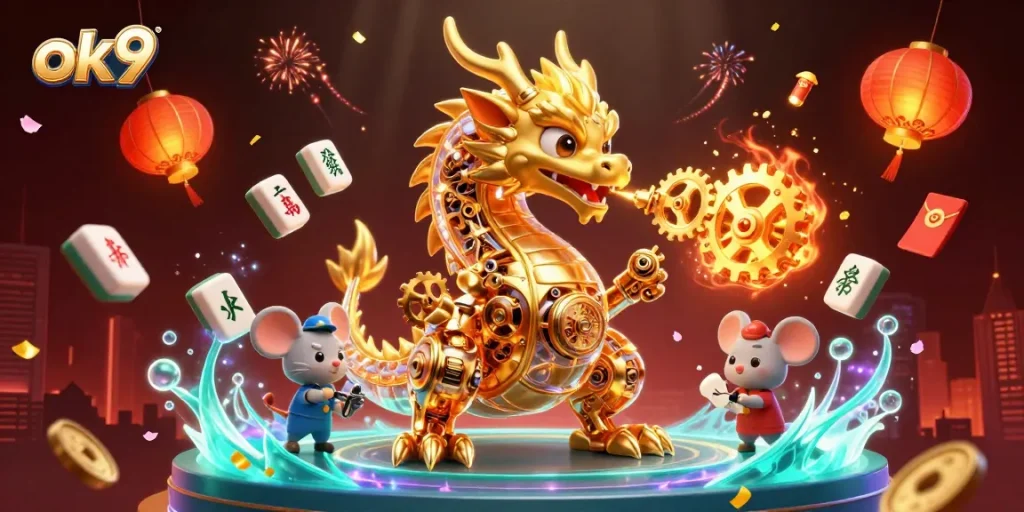 Experience exciting gaming at ok9 with a vibrant 3D casino scene filled with festive elements.