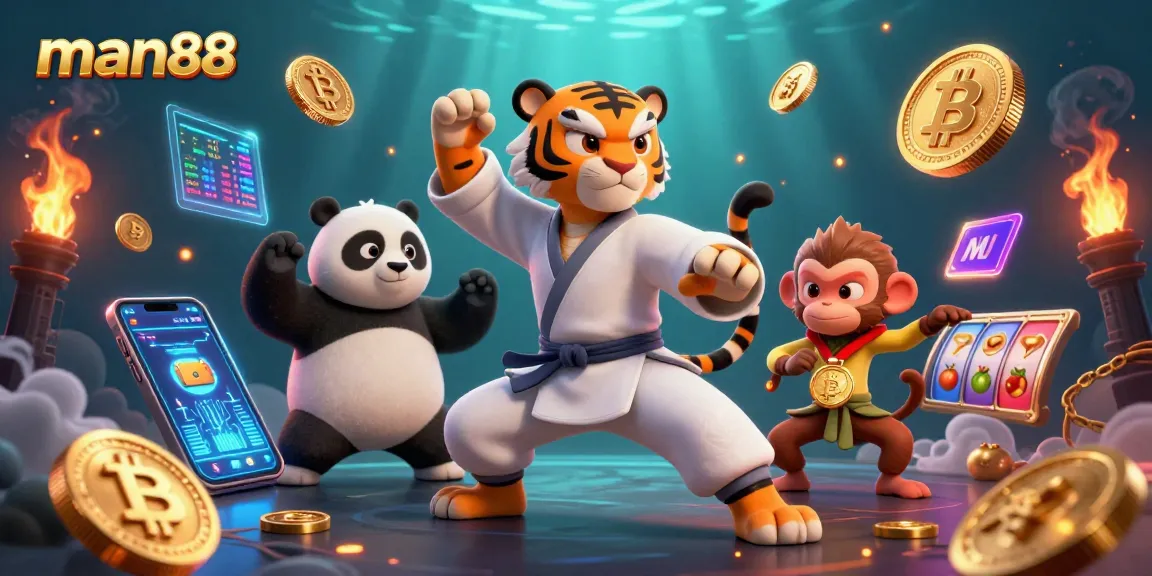 Man88 showcases a kung fu tiger master with vibrant slot game elements around them in a dynamic casino scene.