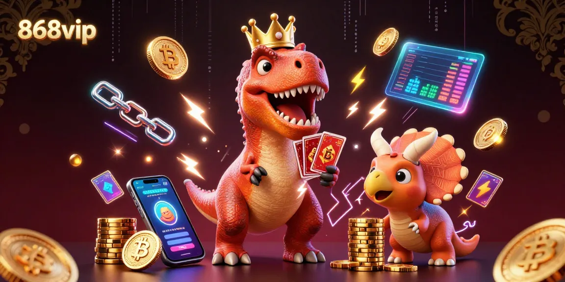 Experience thrilling gaming adventures at 868vip, where a friendly T-Rex shuffles cards among vibrant casino elements.