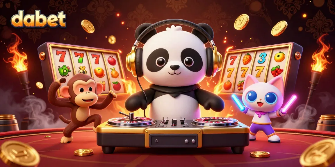 dabet showcases vibrant 3D illustration of a DJ panda and friends with slot reels, creating an engaging casino atmosphere.