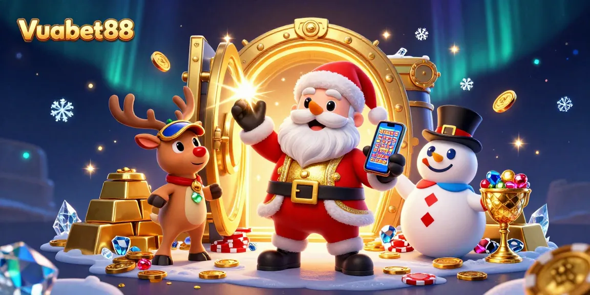 Experience exciting slots at Vuabet88 with Santa and friends amid a gold-filled casino scene.