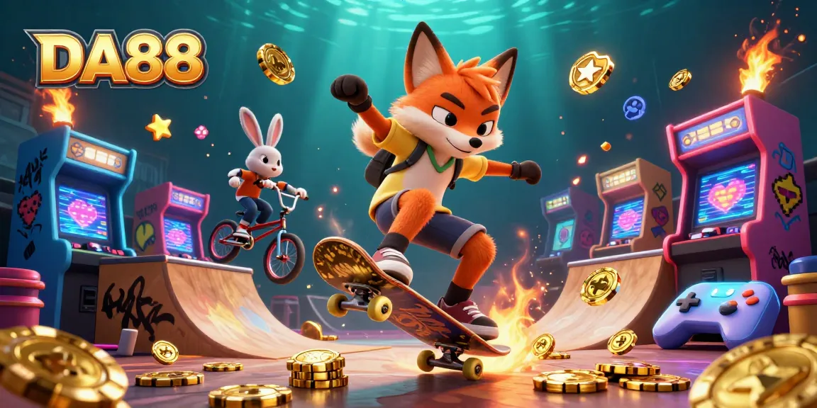 DA88 adventures in a vibrant casino scene with a fox and rabbit, showcasing tricks and gaming excitement.