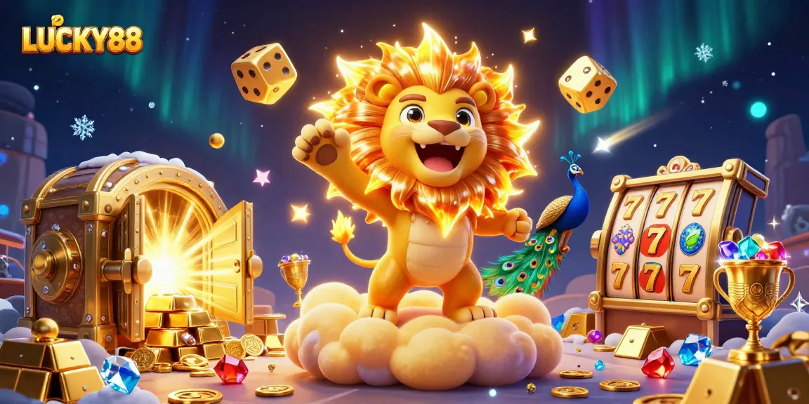 LUCKY88 casino scene showcasing a sun lion roaring, surrounded by treasures and slot elements, radiating excitement.