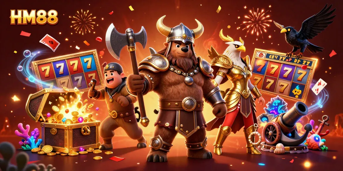 Experience vivid HM88 casino excitement with a dynamic 3D illustration of Viking and eagle characters.