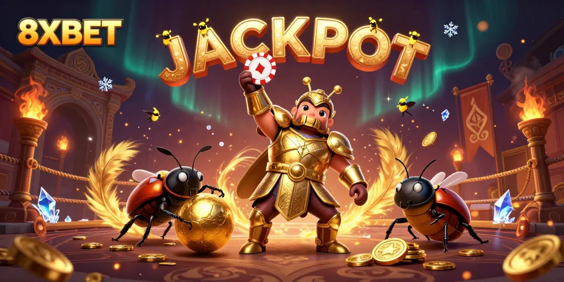 8XBET illustrates a powerful hercules beetle celebrating a victory in a dynamic casino scene.