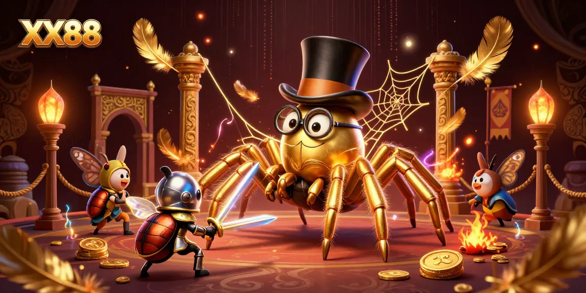 Engage in thrilling gameplay at XX88 featuring a golden tarantula weaving magic amidst exciting casino elements.