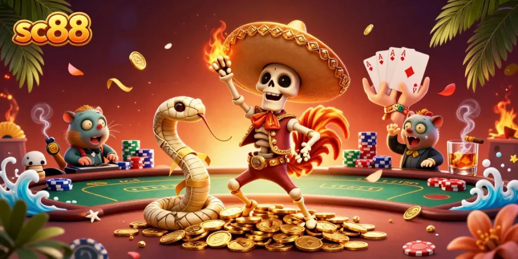 Experience thrilling poker action with sc88's festive cartoon characters in a vibrant casino.