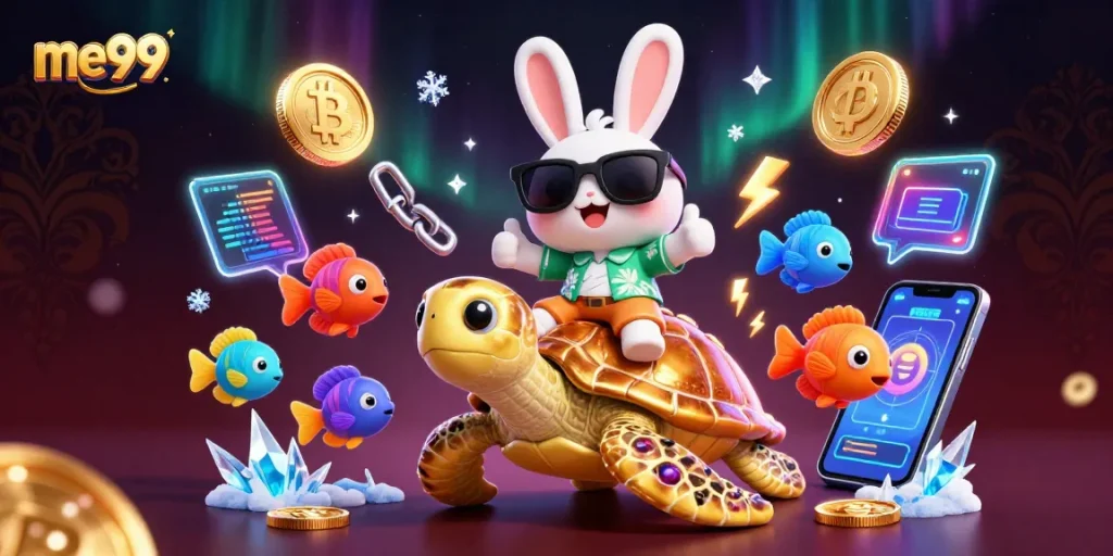 Experience the excitement of me99 casino with a playful rabbit and sea turtle in a vibrant underwater scene.