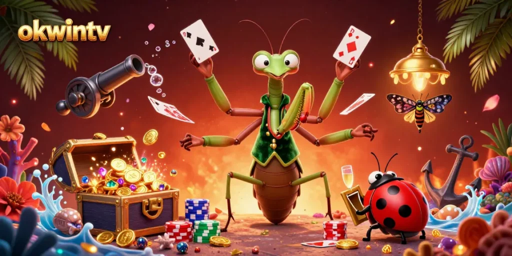 Experience the thrilling action at okwintv with a vibrant 3D illustration of a mantis card sharp and a ladybug pit boss.