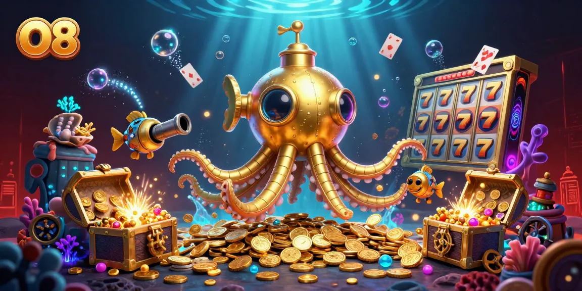 O8 elevates gaming with a golden kraken submarine amidst slot reels and treasures in this vibrant illustration.