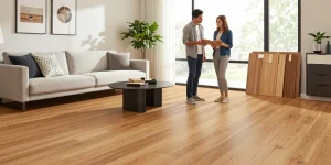 Couple comparing samples of best engineered wood floors for homes in a stylish living room.