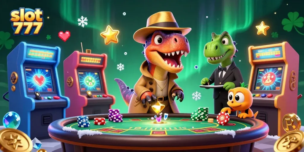 Experience the excitement of slot 777 with a velociraptor card counter at a lively casino scene.