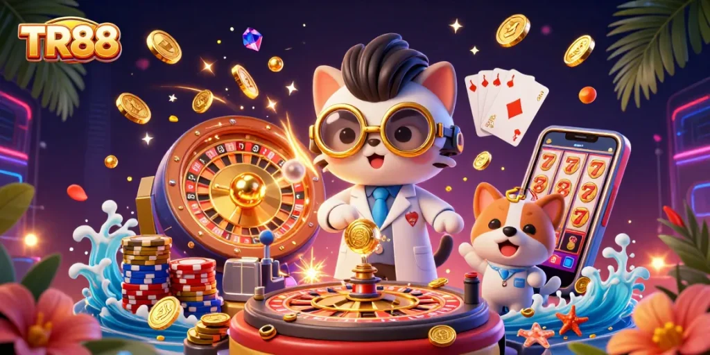 Engaging TR88 casino scene featuring a mad scientist cat and lab assistant amidst flying gold coins and vibrant gaming elements.