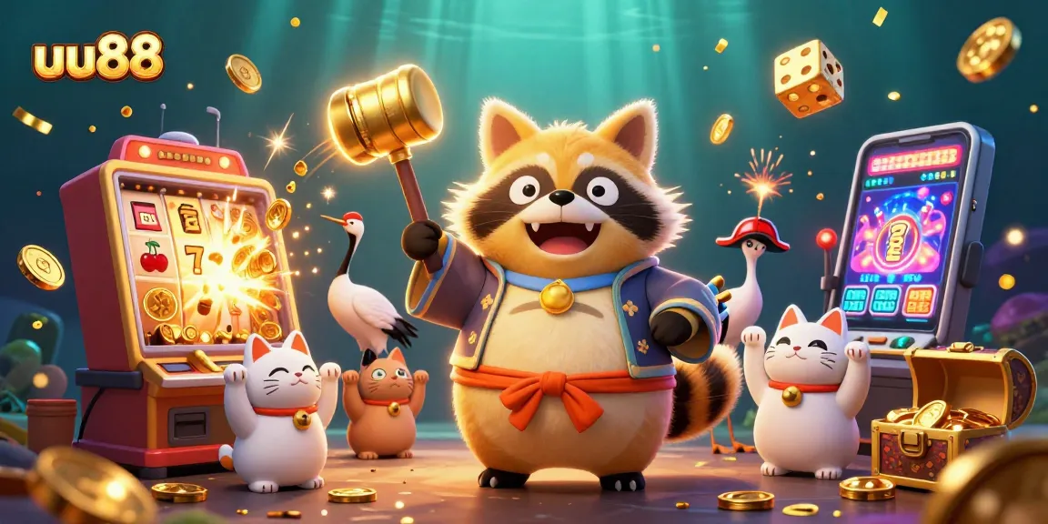Experience the thrill of uu88's vibrant casino world with cheerful characters, slot machines, and winning symbols.