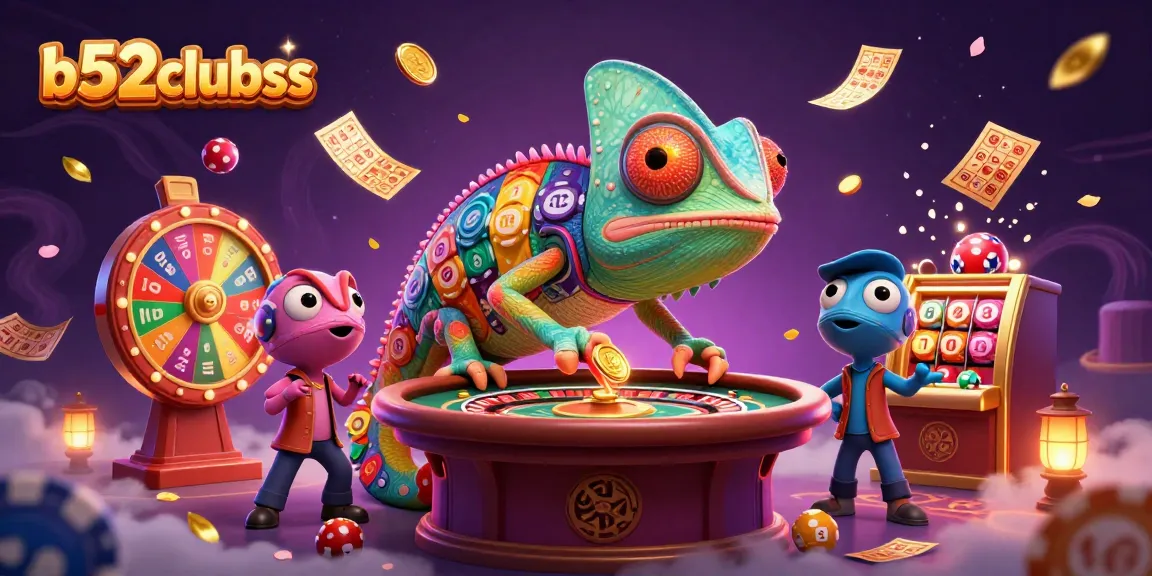 Experience the vibrant excitement of b52clubss with an engaging casino-themed illustration featuring a chameleon casino owner.