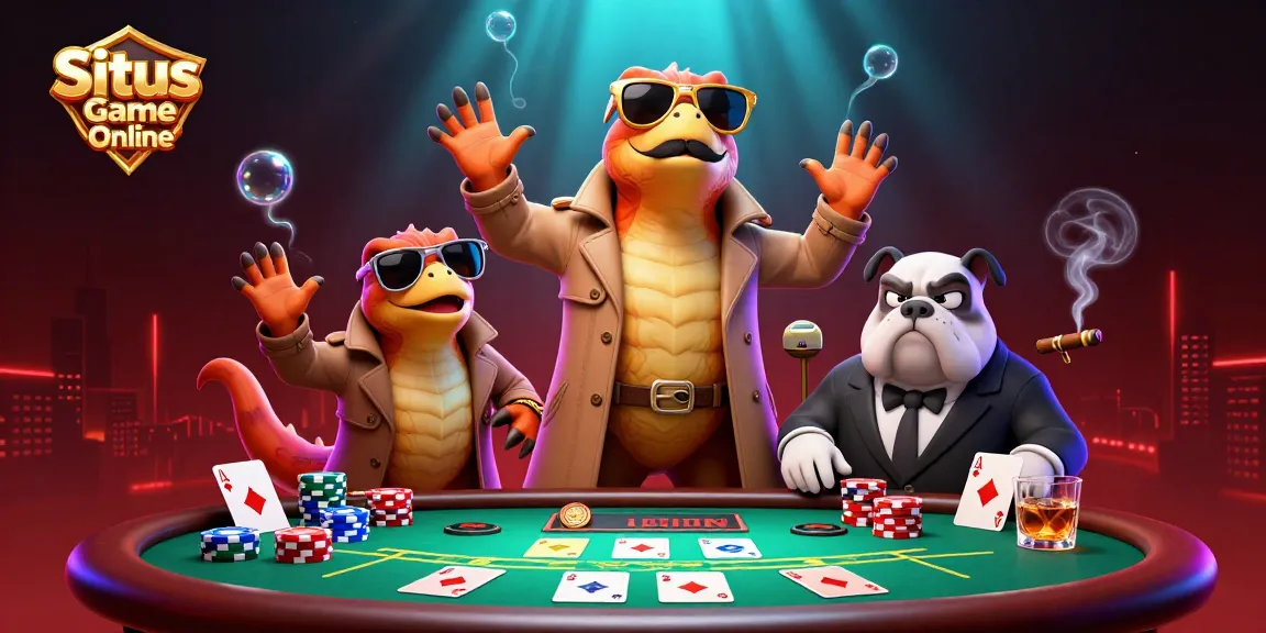 Situs Game Online scene with cartoon raptors entering a VIP casino lounge amidst poker elements.