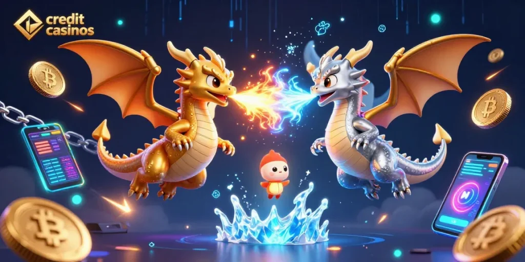 Engage with credit card casinos featuring dynamic dragons and vibrant crypto elements.