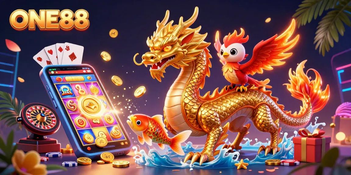 ONE88 offers thrilling gameplay with a golden dragon, phoenix, and koi fish amidst a cascade of coins.
