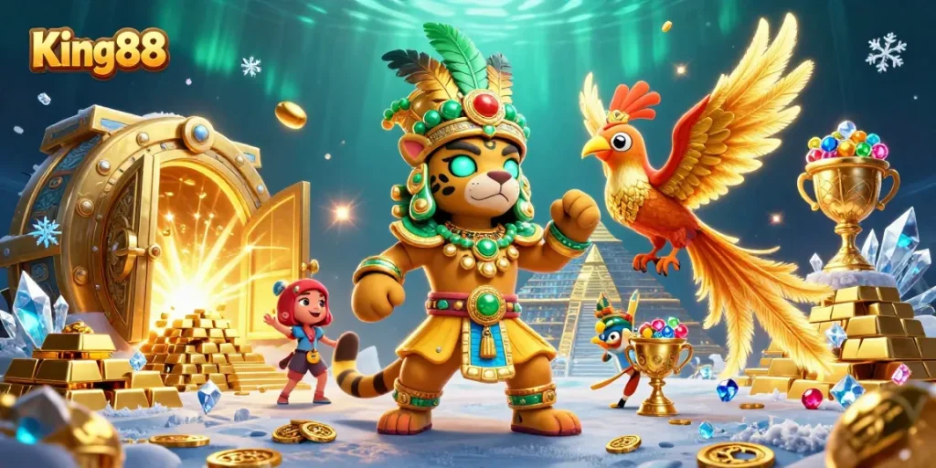 Engage with King88's vibrant 3D casino illustration showcasing treasures and gaming elements.