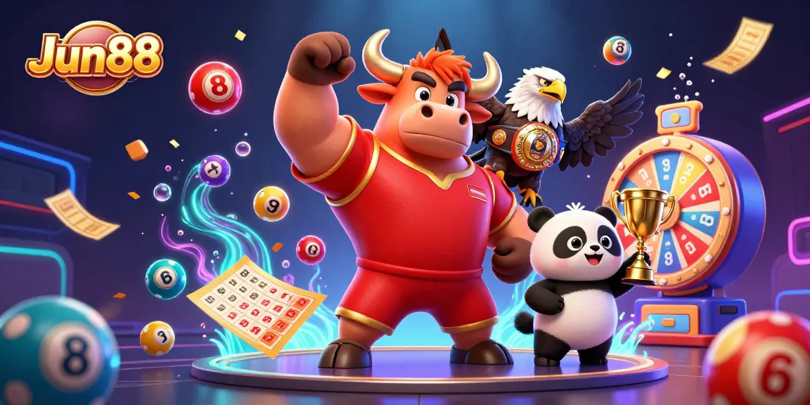 Join the excitement with Jun88 as colorful lottery elements explode around a joyful gaming scene.