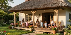 Family enjoying time on charming oak porches, showcasing cozy cottage style and inviting atmosphere.