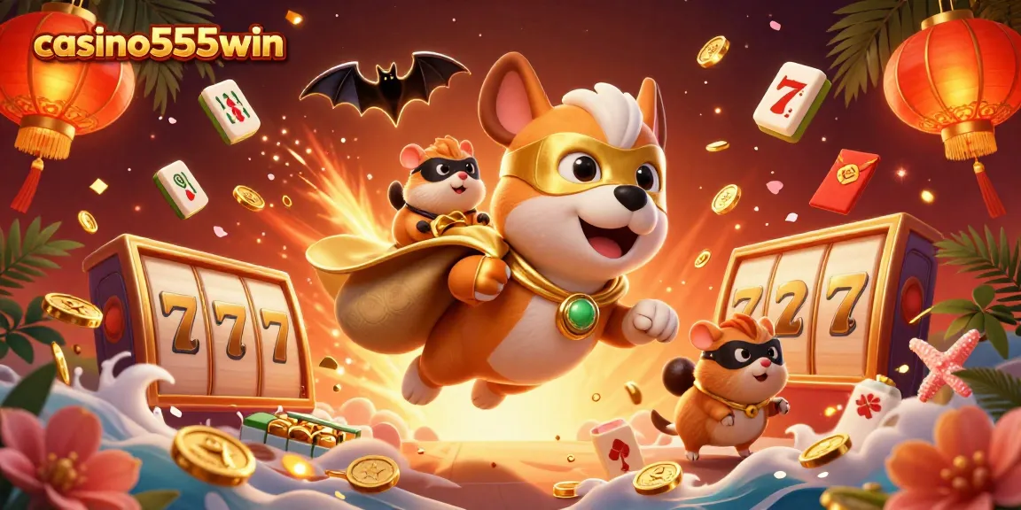 Enjoy exciting gaming moments with casino555win, featuring a superhero dog and vibrant slot elements.