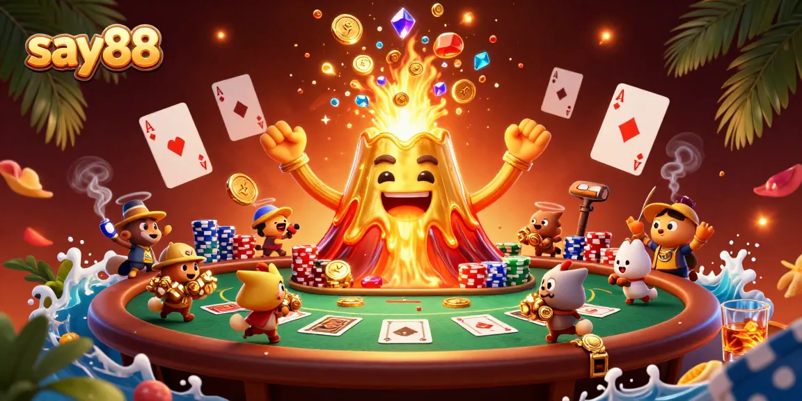 Experience the thrill of say88 with a vibrant eruption of treasures and poker excitement in a whimsical 3D scene.