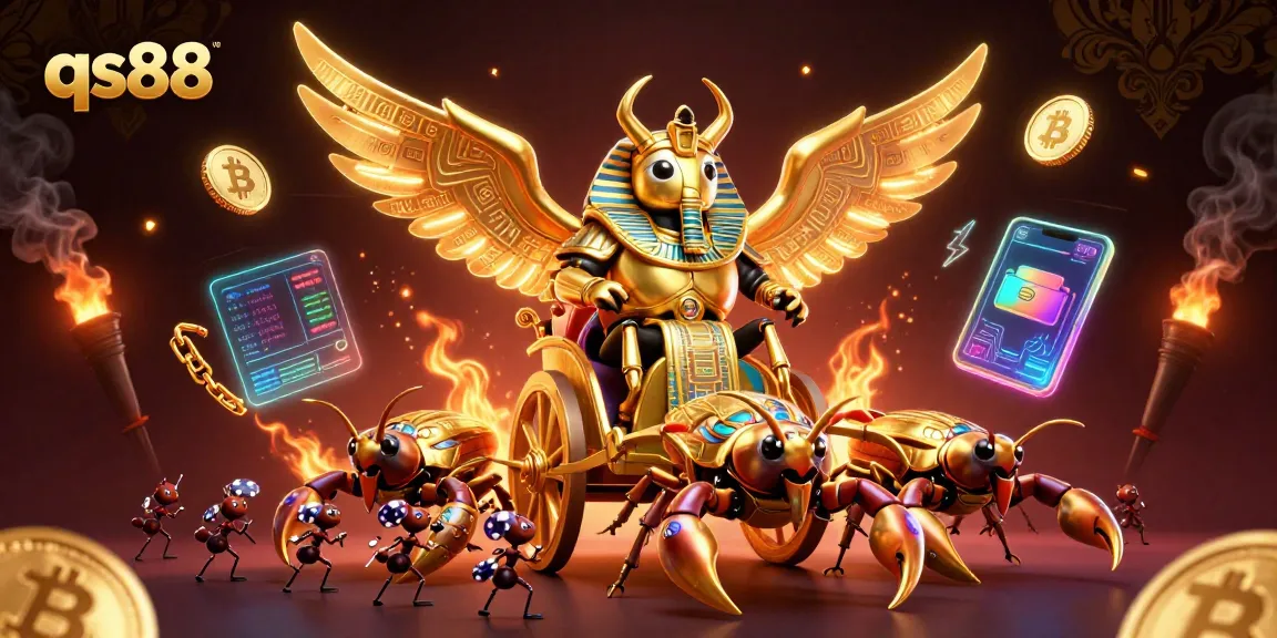 Experience thrilling gameplay at qs88 with a dynamic illustration of a golden scarab beetle and casino elements.