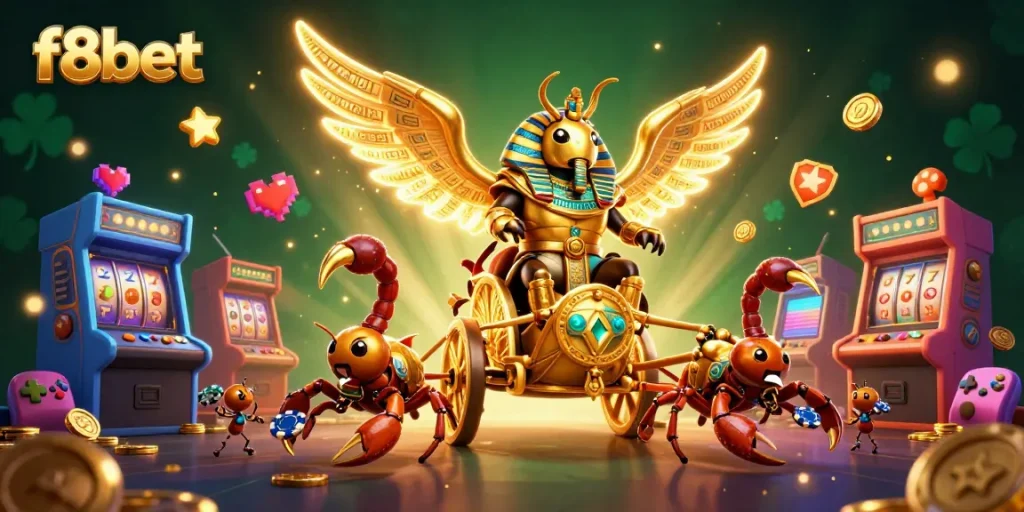 Join the fun at f8bet as the colossal golden scarab beetle leads the casino adventure!
