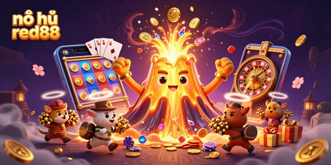 Spin and win with nổ hũ red88 as the golden volcano erupts treasures in a vibrant casino scene.