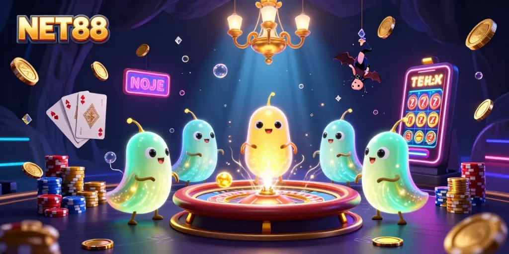 Experience thrilling action at NET88's vibrant cave casino with glowworms and high-stakes gaming elements.