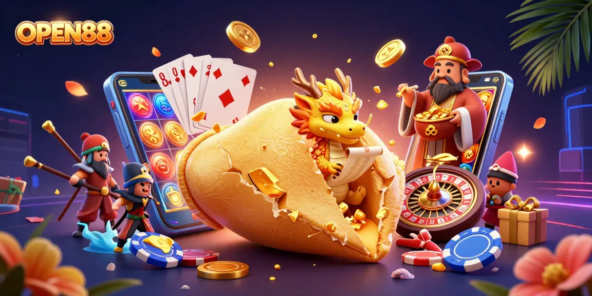 Experience winning moments with OPEN88's dynamic gaming scene featuring vibrant characters and exciting play elements.