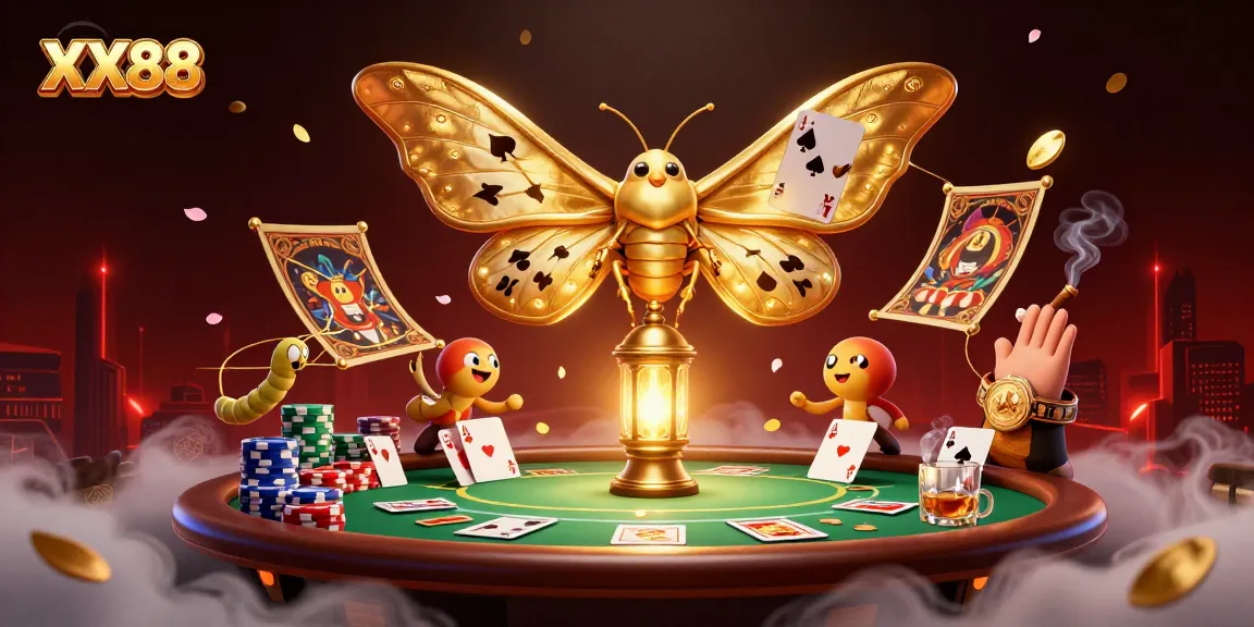 Engage with thrilling poker action featuring XX88 as golden moths weave vibrant casino scenes.
